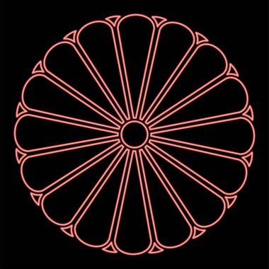 Japonya 'nın Neon arması Japon İmparatorluk Mühür Merkezi Diski 16 taç yaprağı ulusal amblem kırmızı renk vektör illüstrasyon düz resim düz ışık