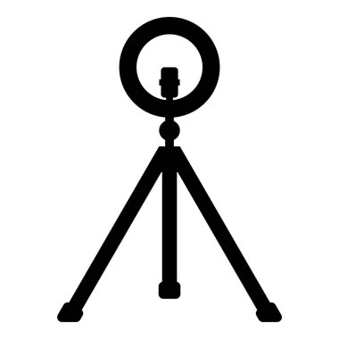 Telefon stüdyosu fotoğraf stüdyosu ışık podcast konsept ekipmanı için akıllı telefonlu üç ayaklı halka lambası. Video simgesi siyah renk vektör resimleme basit düz stili.