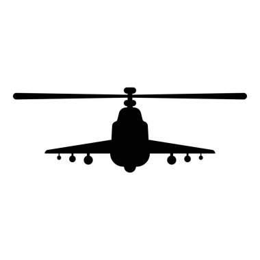 Savaş helikopteri saldırı askeri konsept görünüm ön simge siyah renk vektör illüstrasyon basit düz