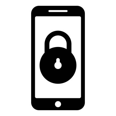 Akıllı telefon kilidi kişisel veri güvenliği siber erişim konsepti telefon kilitli cep telefonu asma kilit simge siyah renk çizim düz resim çizimi basit