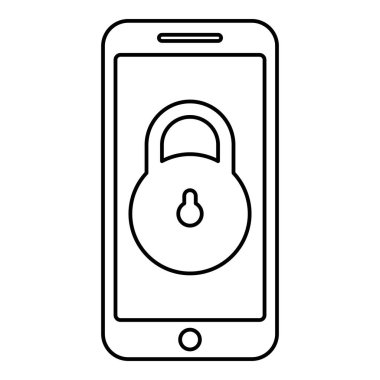 Akıllı telefon kilidi kişisel veri güvenliği siber erişim konsepti telefon kilitli cep telefonu asma kilit hat dış hat simgesi siyah renk vektör illüstrasyon görüntüsü ince düz düz