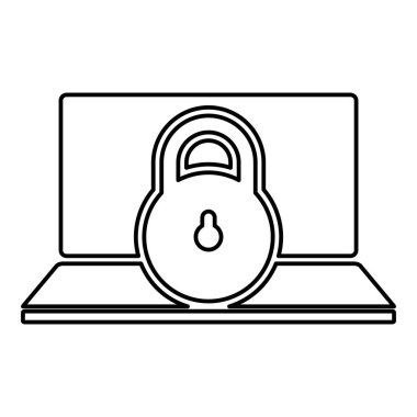 Laptop kişisel veri güvenliği siber erişim kavramı kilitlendi asma kilit kullanım hatları dış hat simgesi siyah renk çizim resmi ince düz düz biçim