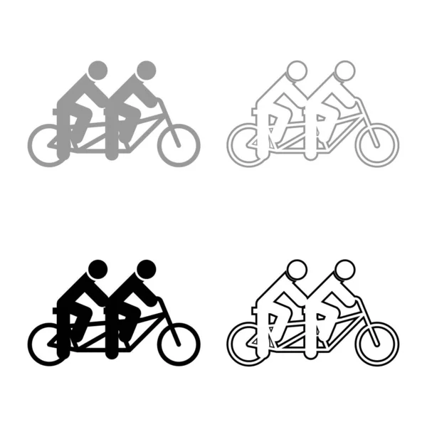 タンデム自転車に乗って2人一緒に自転車チームのコンセプト乗馬旅行セットアイコングレーブラックカラーベクトルイラストイメージシンプルなソリッドフィルアウトライン輪郭線細いフラットスタイル — ストックベクタ