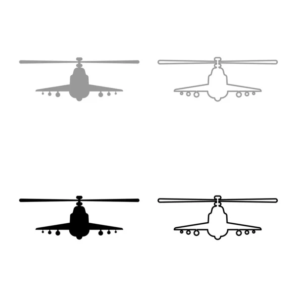 Combate Helicóptero Ataque Concepto Militar Vista Frontal Conjunto Icono Gris — Vector de stock