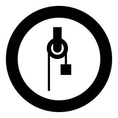 Kablo makaralı vinç tırmanış bloğu ekipman kılıfı kargo ağırlığı yük simgesi ile dairesel siyah renk illüstrasyon görüntüsü basit dış hat biçimi