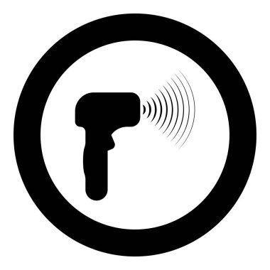 Dalgaların emitörü elektron silahı manuel termometre alnlı kızılötesi cihaz. Sıcaklığı ölçmek için. Temassız temassız dijital simge. Dairesel siyah renk vektör ilüstrasyon resmi basit taslak biçimi.