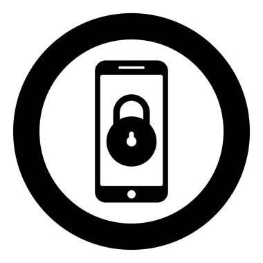 Akıllı telefon kilidi kişisel veri güvenliği siber erişim konsepti telefon kilitli cep telefonu asma kilit simgesi yuvarlak siyah renk çizim resmi basit dış hat biçimi