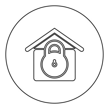 Kilitli konsept konsept güvenlik güvenlik ikonu ile ev korumasını kilitleyin. Dairesel siyah renk vektör çizim çizelgesi çizgisi ince çizgi biçimi