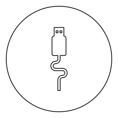 USB kablo konnektörü tip A veri simgesi dairesel siyah renk vektör illüstrasyon resim ana hatları ince çizgi biçimi basit