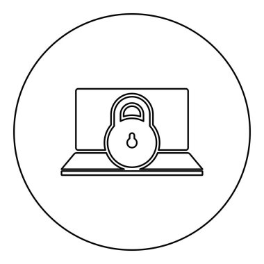Laptop kişisel veri güvenliği siber erişim konsepti kilitlenmiş asma kilit kullanım simgesi yuvarlak siyah renk vektör çizim dış hat ince biçimli basit