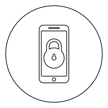 Akıllı telefon kilidi kişisel veri güvenliği konsept telefon kilitli cep telefonu asma kilit simgesi yuvarlak siyah renk vektör ilüstrasyon resim dış hat ince biçimli basit