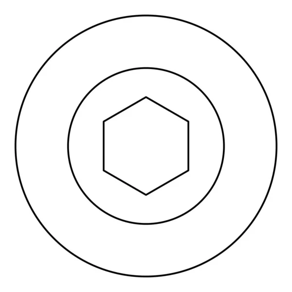 円の中の円のアイコンで六角形の下にパックされたゴムガスケット黒のベクトル図イメージ輪郭線細いスタイルシンプルな — ストックベクタ