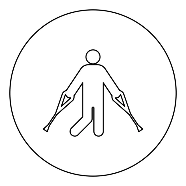 圆黑色矢量图形图形轮廓线条细线型简约石膏骨折图标中的拐杖拐折腿的人 — 图库矢量图片