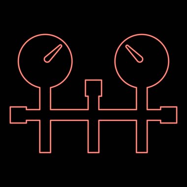 Neon basınç göstergesi ve boruların manometre basınç göstergesi veya vakum göstergesi kırmızı renk vektörü resimleme düz stili ışık