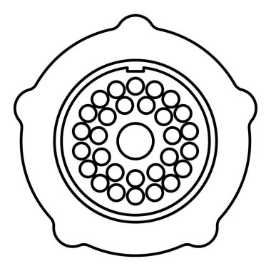 Et öğütücü tabak öğütücü için ızgara et öğütücü cihaz büyüyen sığ et kafes vida kadın vida vida mandal tutucu kontur ana hatları simge siyah renk çizim resim ince düz düz