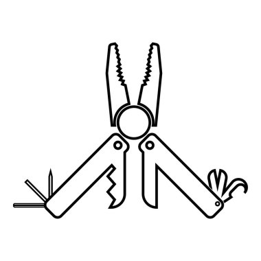 Kerpeten ile çok işlevli enstrüman bıçak jilet heksahedron açıcı awl çok amaçlı araç kamp aracı cep konsolu ana çizgi simgesi siyah renk vektör resimleme ince düz stil