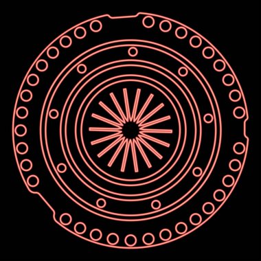 Neon araba debriyaj sepeti kapağı kohezyon transmisyon otomobil parça plaka tamir servis kırmızı renk vektör illüstrasyon düz resim ışık