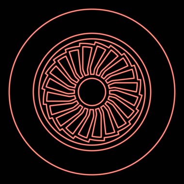 Neon türbinli uçak turbo makine jet motorlu uçak motor fan uçağı kırmızı renk vektör illüstrasyon görüntüsü düz ışık