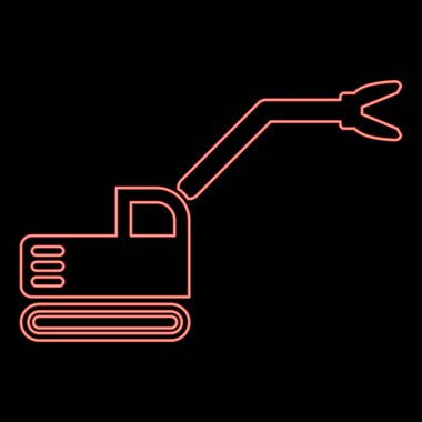 Neon sloopkraan yapı makinesi enkaz kesme bıçaklı vinç kamyonunu yıktı kırmızı renk vektör illüstrasyon görüntüsü düz ışık stili