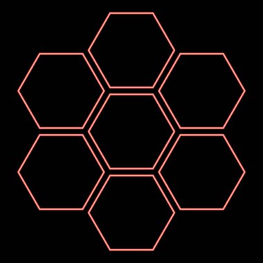 Neon altıgen teknoloji konsepti altıgen altı öge arı sota geometrisi altı kenarlı çokgen kırmızı renk çizim düz resim çizimi ışık
