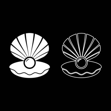 Pearl in seashell shell with pearlized inside open set icon white color vector illustration image simple solid fill outline contour line thin flat style clipart