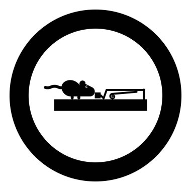 Fare, fare kapanı siluet kemirgen simgesinden bir parça peynir yemek istiyor. Yuvarlak siyah renk vektör illüstrasyon görüntüsü basit taslak biçimi.