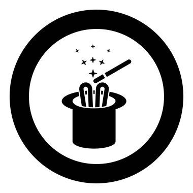 Sihirbaz şapkasındaki tavşan kulakları sihirbaz sihirli değneği silindir tavşan hileli konsept ikonunu yuvarlak siyah renk illüstrasyon görüntüsü basit taslak biçimi