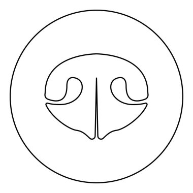 Köpeğin ağzındaki köpek yavrusu konsepti veterinerlik ikonu yuvarlak, siyah renk, görüntü çizimi çizgisi ince bir şekil.