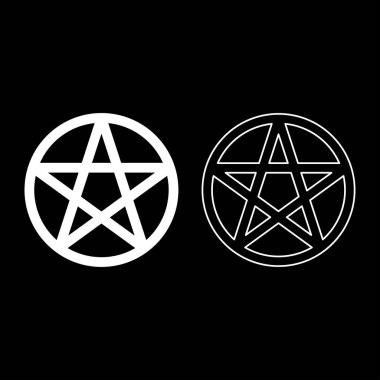Pentakl Neopagan Wicca Pentacle Neo paganizmi beş köşeli yıldızı beş köşeli daire şeklinde işaretler. Pentagram sihirli sembolü. Simge beyaz renk vektör ilüstrasyon resmi.