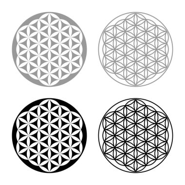 Hayatın çiçeği Kutsal geometri simgesi gri siyah renk çizimi basit katı dolgu dış hatları ince düz stil