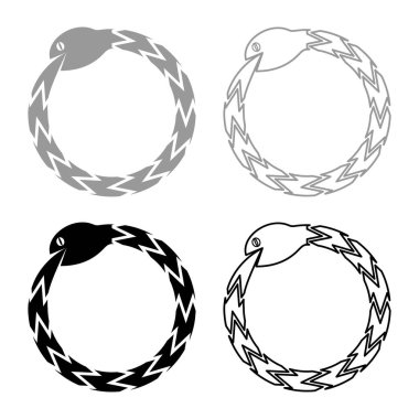 Uroboros Zhulong snake eating own tail coiled in ring Ouroboros serpent set icon grey black color vector illustration image simple solid fill outline contour line thin flat style clipart