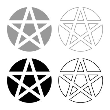Pentakl Neopagan Wicca Pentacle Neo paganizmi beş köşeli yıldızı beş köşeli daire şeklinde işaretler. Pentagram sihirli sembolü. Simge gri siyah renk çizimi resmi.