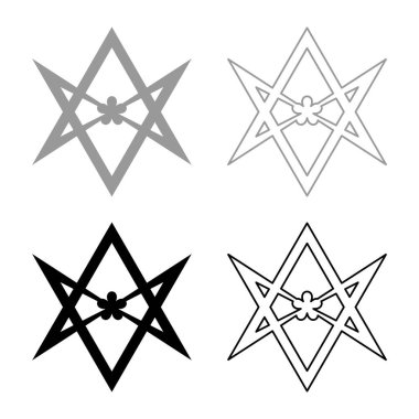 Thelema Unicursal Altıgen sembolü İşlenmemiş altıgen Telemma kutsal geometri simgesi simge gri siyah renk çizim resmi basit düz çizgi dış hatları ince düz