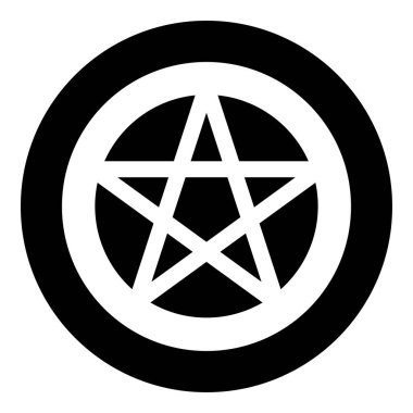 Pentakl Neopagan Wicca Pentacle Neo paganizmi beş köşeli yıldızı daire şeklinde işaretler. Pentagram içinde sihirli simge yuvarlak siyah renk illüstrasyon resmi basit ana hatlar biçimi.