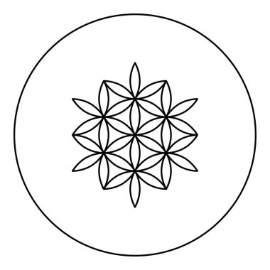 Hayatın çiçeği. Çemberdeki kutsal geometri simgesi. Siyah renkli vektör çizimi.