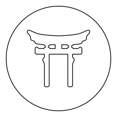 Torri kapısı sembolü Shinto Japon Arch Asya Toria seyahat konsepti simgesi yuvarlak siyah renk vektör çizim ana hatları ince biçim