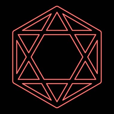 Neon octagedron icosahedron kutsal geometri sembolü kırmızı renk vektör illüstrasyon resmi düz ışık