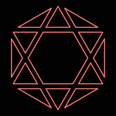 Neon octagedron icosahedron kutsal geometri sembolü kırmızı renk vektör illüstrasyon resmi düz ışık