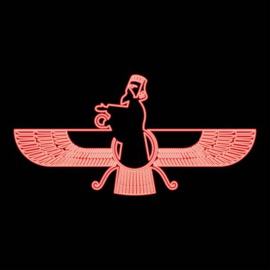 Neon zoroastrizm dini Faravahar Zorostrian sembolü Parsi kırmızı renk vektör illüstrasyon düz resim düz ışık