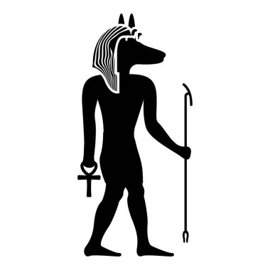Çakal başıyla Anubis tanrısı Eski Mısır tanrısı asa ve Anch çapraz siluet mistik simge siyah renk vektör illüstrasyon basit düz resim