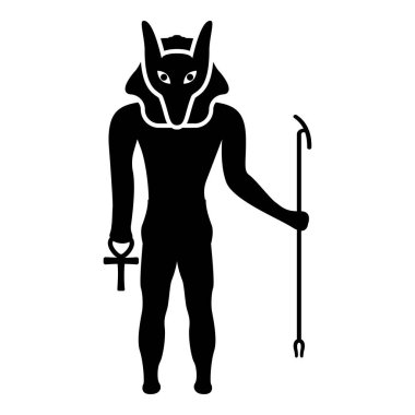 Çakal başıyla Anubis tanrısı Eski Mısır tanrısı asa ve Anch çapraz siluet mistik simge siyah renk vektör illüstrasyon basit düz resim