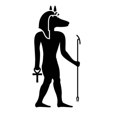 Çakal başıyla Anubis tanrısı Eski Mısır tanrısı asa ve Anch çapraz siluet mistik simge siyah renk vektör illüstrasyon basit düz resim