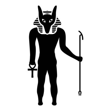 Çakal başıyla Anubis tanrısı Eski Mısır tanrısı asa ve Anch çapraz siluet mistik simge siyah renk vektör illüstrasyon basit düz resim