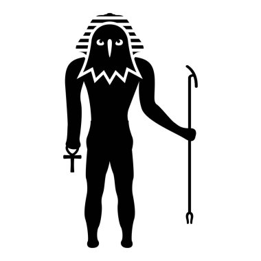 Mısır güneş tanrısı Ra antik ve şahin başlı simge siyah renk vektör illüstrasyon düz şekil