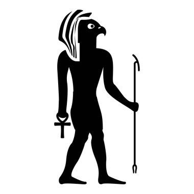 Mısır güneş tanrısı Ra antik ve şahin başlı simge siyah renk vektör illüstrasyon düz şekil