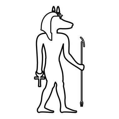 Çakal başlı Anubis tanrısı eski Mısır Tanrısı 'nın asası ve Anch çapraz mistik hatlar ana hatları simge siyah renk çizim resmi ince düz düz stil