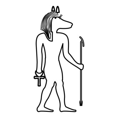 Çakal başlı Anubis tanrısı eski Mısır Tanrısı 'nın asası ve Anch çapraz mistik hatlar ana hatları simge siyah renk çizim resmi ince düz düz stil