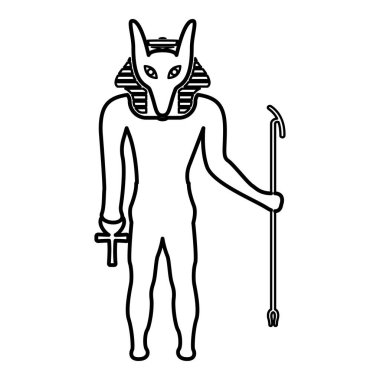 Çakal başlı Anubis tanrısı eski Mısır Tanrısı 'nın asası ve Anch çapraz mistik hatlar ana hatları simge siyah renk çizim resmi ince düz düz stil
