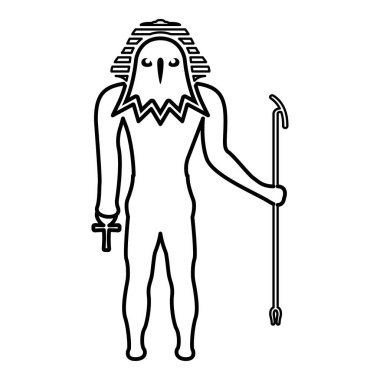 Mısır güneş tanrısı Ra Ancient ve şahin kafası dış hatlar simge siyah renk vektör illüstrasyon görüntüsü ince düz düz