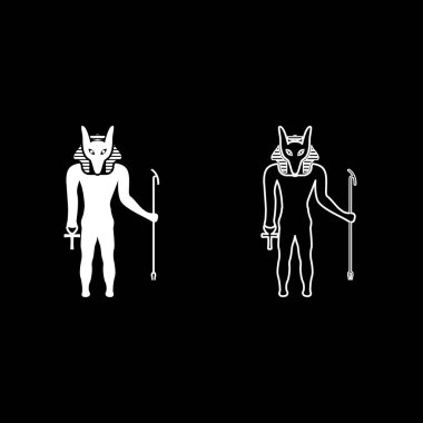 Çakal başlı Anubis tanrısı eski Mısır Tanrısı 'nın asası ve Anch çapraz silueti mistik set beyaz renk vektör çizimi basit düz çizgi dış hatları ince düz stil